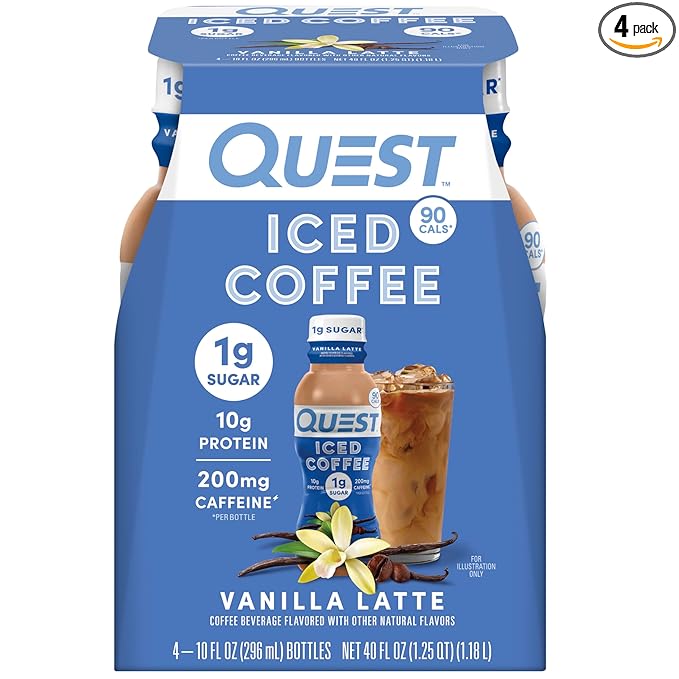 Quest Nutrition Iced Coffee, Vanilla Latte, 1g of Sugar, 10g of Protein, 90 calories, 200mg of caffeine, 4 Count