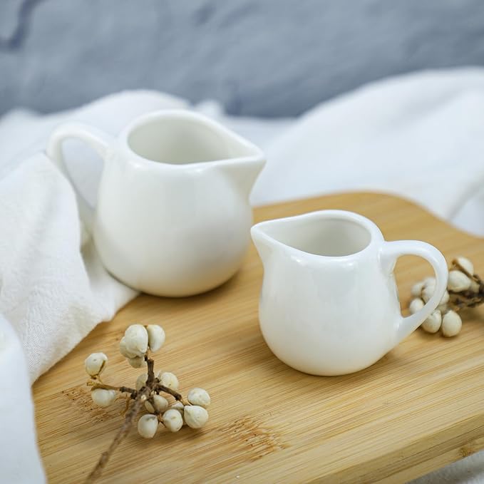 CHOOLD 2 pcs Mini Ceramic Creamer with Handle, Coffee Milk Creamer Pitcher - White - 1.5 oz