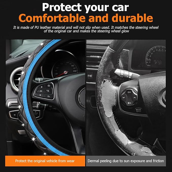 Bling Car Steering Wheel Cover, Rhinestones Elastic Leather Automotive Steering Wheel Protector, 15 Inch Sparkly Crystal Vehicle Interior Decor Accessories, Universal Fit (Blue)