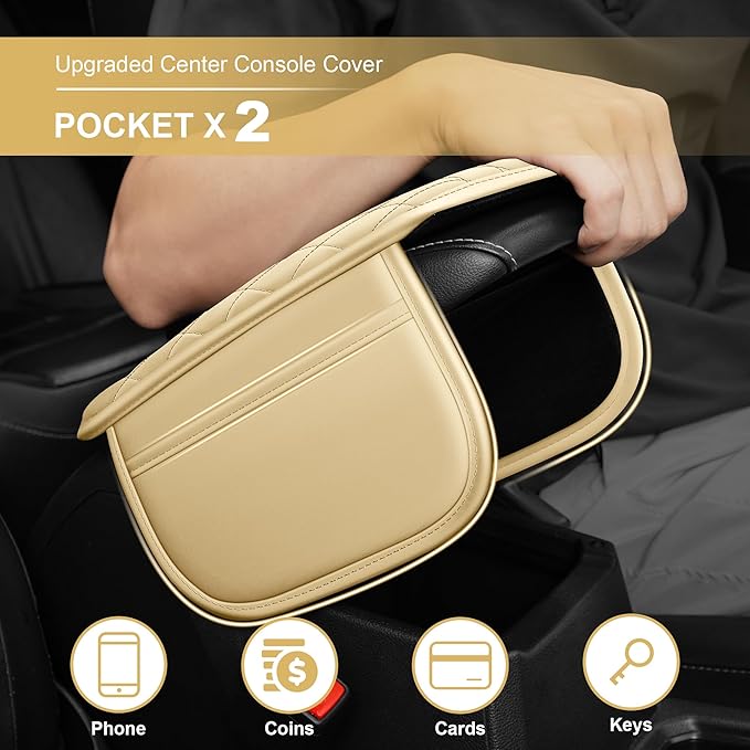 Center Console Cover for TSX: Armrest Cover for Car with 2 Storage Bags - Scratch & Wear Resistant & Waterproof Leather Console Cover,Anti-Scratch Auto Armrest Pad Accessory （Beige