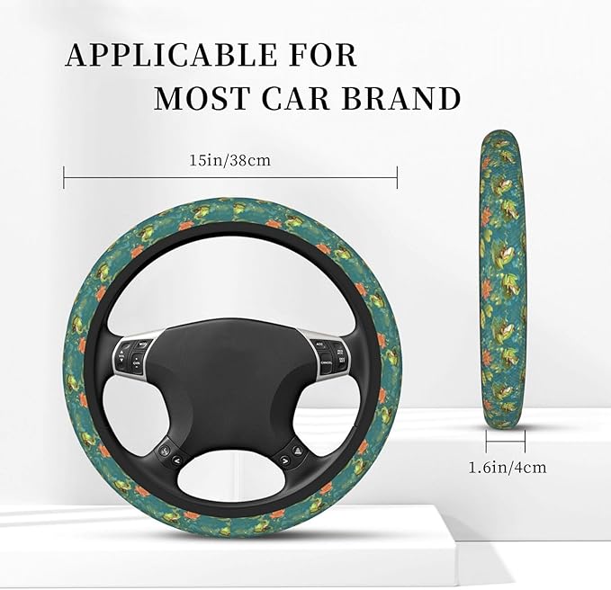 Frog On Lotus Leaf Steering Wheel Cover for Women Men Girls, Car Accessories Decor Thickened Anti-Slip Auto Steering Wheel Covers Protector Universal Fit 15 Inch for Cars, Truck, SUV