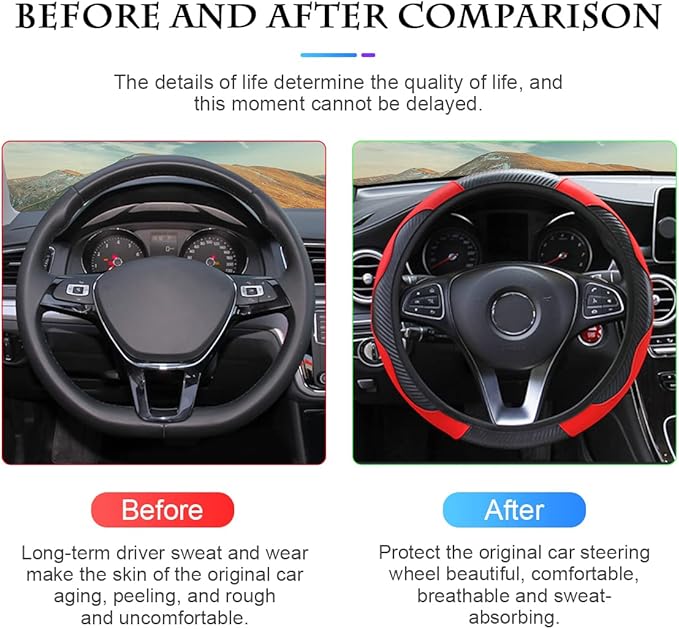 Car Steering Wheel Cover, Universal Microfiber PU Leather Elastic 15 inch Stitching Color Anti-Slip Steering Wheel Protector, Car Interior Accessories Steering Wheel Cover for Men Women (Red)