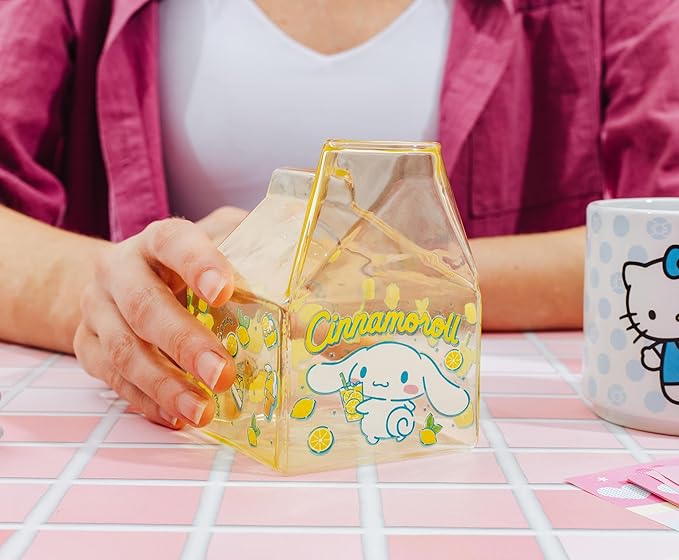 Silver Buffalo Sanrio Hello Kitty and Friends Featuring Cinnamoroll Lemons Glass Milk Cup, 11.9 ounces