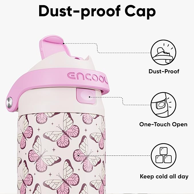 ENCOOL Leakproof Insulated Water Bottle with Straw Dual-Sip Water Bottle Bag-Safe Design for Work, Commute & Gym – Keeps Drinks Cold All Day, 24 oz, Blush Butterfly