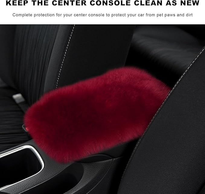 Furry Car Center Console Cover Pad, 11.8"×7.9" Auto Fluffy Plush Center Armrest Protective Cover, Comfortable Fuzzy Armrest Seat Box Protector Cushion for Cars Trucks SUVs (Wine Red)