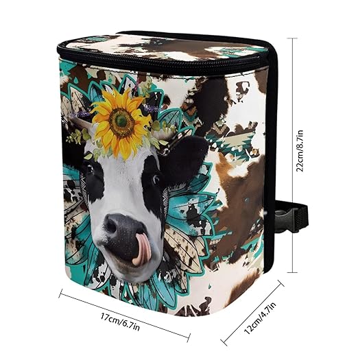 Cow Print Car Trash Can Bin with Lid,Leak Proof Portable Small Garbage Bag Waste Rubbish Storage Bin for Back Seat Road Trip Travel，Aztec Cow Car Accessory for Women
