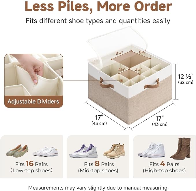 StorageWorks Shoe Organizer for Closet, Foldable Shoe Storage Box with Adjustable Dividers, Shoe Closet Organizer for Heels, Sneakers, Fits up to 16-32 Pairs, Brown & White