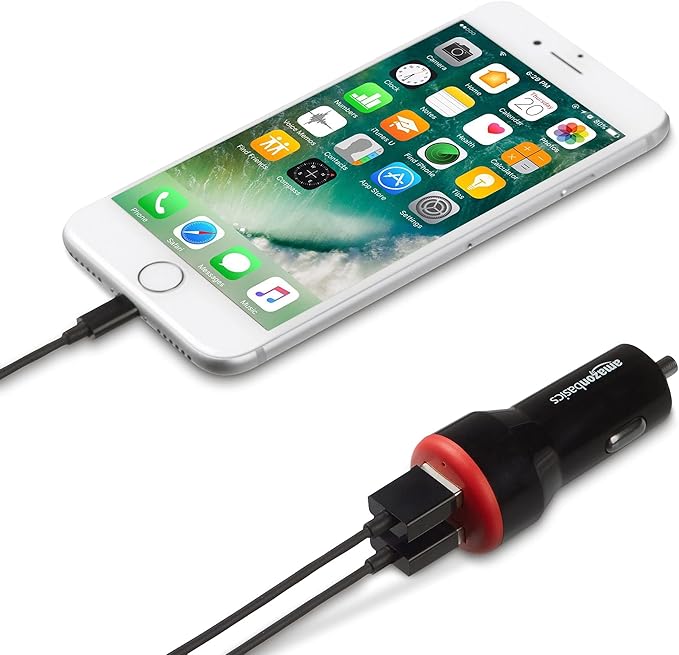 Amazon Basics 24W Dual USB Car Charger for Phones, 2-Port USB-A with LED Indicator, Small Size, Low Profile, Compatible with iPhone 16/15/14/13/12/11/X, Samsung, and more, Black/Red