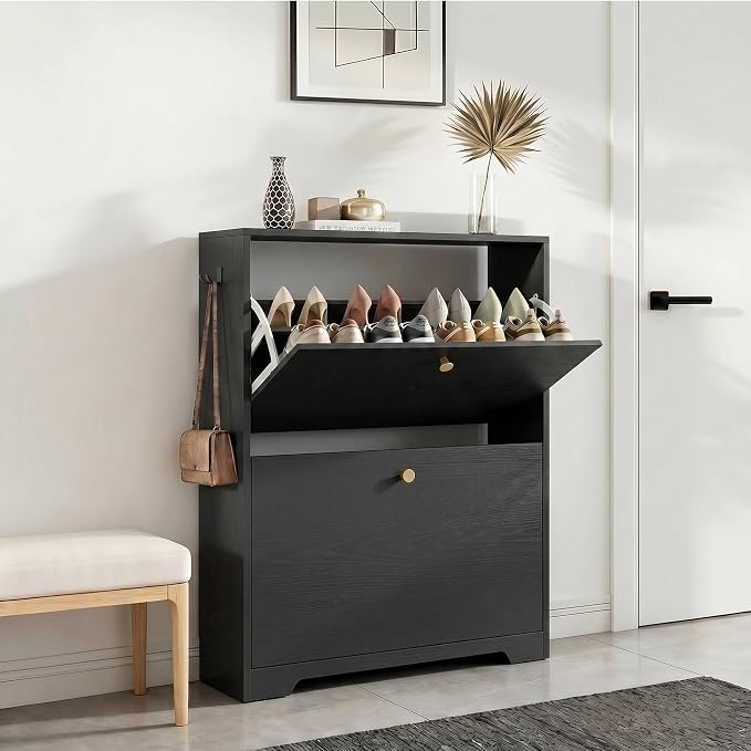 Nicetree Shoe Cabinet with 2 Flip Drawers, Narrow Shoe Organizer Cabinet, Freestanding Shoe Rack Cabinet, Modern Shoe Storage Cabinet for Entryway, Hallway, Foyer, Black with Hook