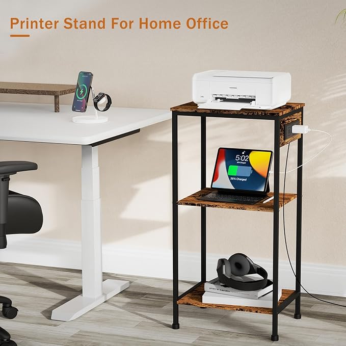 Tall End Table with Charging Station, 3 Tier Narrow Tall Nightstand with Storage, Slim Side Table with USB Ports and Outlets for Bedroom, Living Room, Office, Rustic Brown and Black