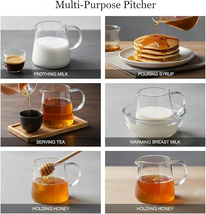 Glass Creamer 8.5 oz, Small Milk Pitcher with Spout, Breast Milk Pitcher for Coffee Bar and Tea, Mini Cream Server, Clear Borosilicate Container