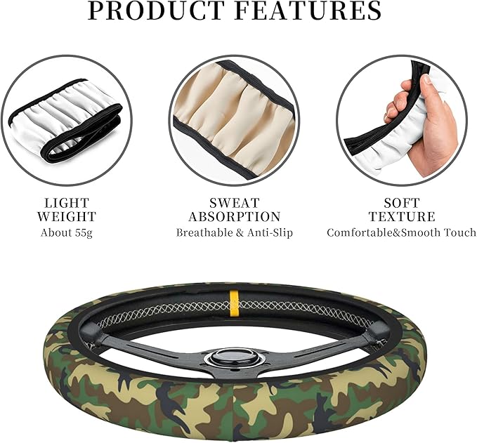 Green Camo Steering Wheel Cover for Women Men, Universal 15 Inch Anti Slip Steering Wheel Protector Car Accessories Interior for Auto Truck SUV