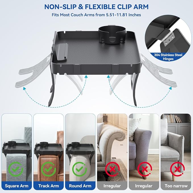 Couch Armrest Table Couch Arm Tray Cup Holder Plastic Armchair Caddy Recliner Arm Caddy Large Sofa Armrest Organizer Adjustable Clip on Snack Tray Drink Holder Removable Phone Pad Holder 16.38x11.02''