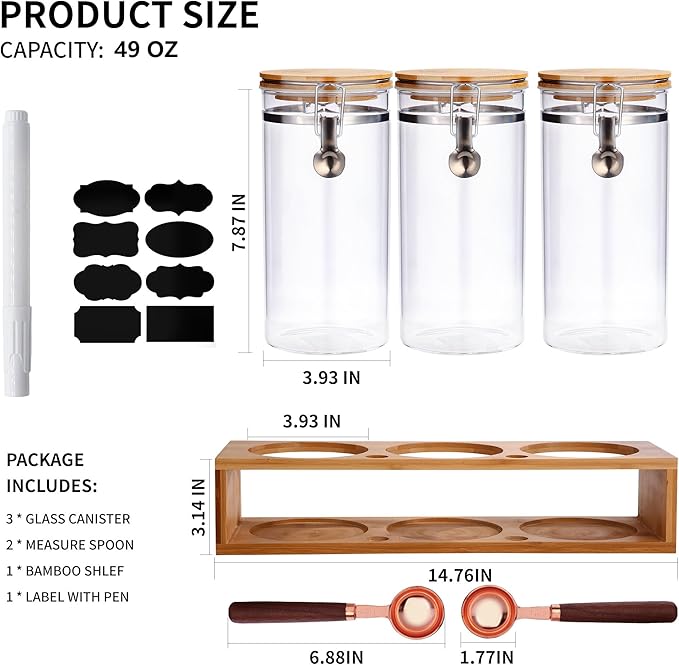 Glass Coffee Storage Container with Bamboo Shelf, 3PCS 49oz Airtight Sealed Coffee Bean Jar with Clamp Lid & Measuring Spoon, Kitchen Pantry Canister Set for Ground Coffee Sugar Tea Flour