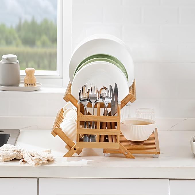 Bamboo Dish Drying Rack with Utensil Holder, 3 Tier Collapsible Dish Rack for Kitchen Counter, Large Folding Drying Holder, Dish Drainer, Kitchen Organizers and Storage