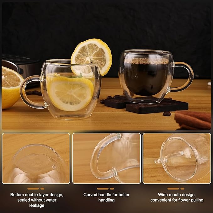 2.5oz Espresso Cups Set of 4, Small Expresso Coffee Cup, Expresso Shot Glass with Handle, Double Wall Insulated Espresso Mugs,Tazas de Cafe Expreso, Fit for Espresso Machine Accessories, Clear