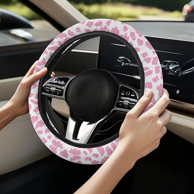 Universal Non-Slip Steering Wheel Cover, 15-inch Polyester Material Driving Accessories, Adjustable for Car and Truck(Pink White Cow Print)