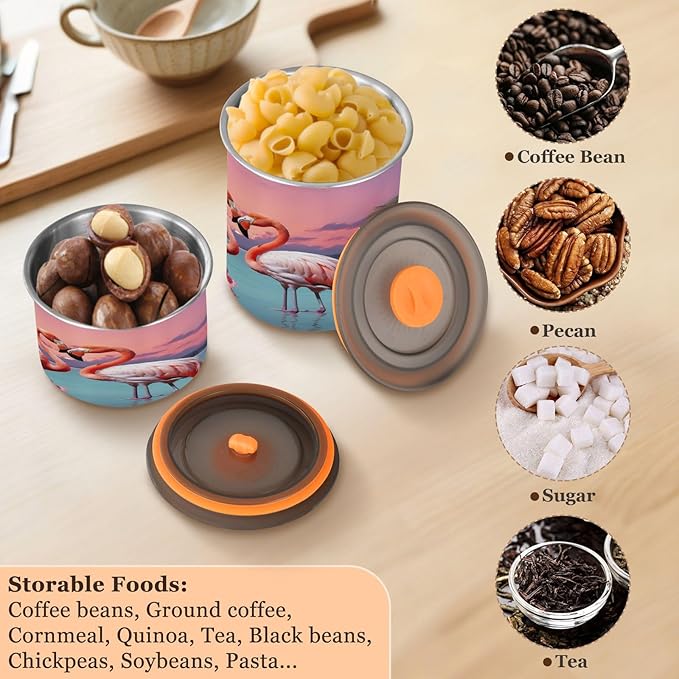 YETTASBIN Flamingo Airtight Food Storage Containers 900ml/30oz, Stainless Steel Coffee Canisters with Vacuum-Lock Lid for Kitchen Organization, Coffee Bean, Tea, Sugar, Flour