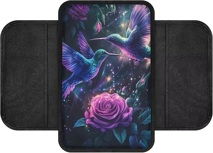 Dreaweet Hummingbird Rose Center Console Cover Fashion Car Accessories for Women,Car Console Covers with Pockets,Universal Armrest Cover Soft Comfy Arm Rest Pad for SUV Truck Van