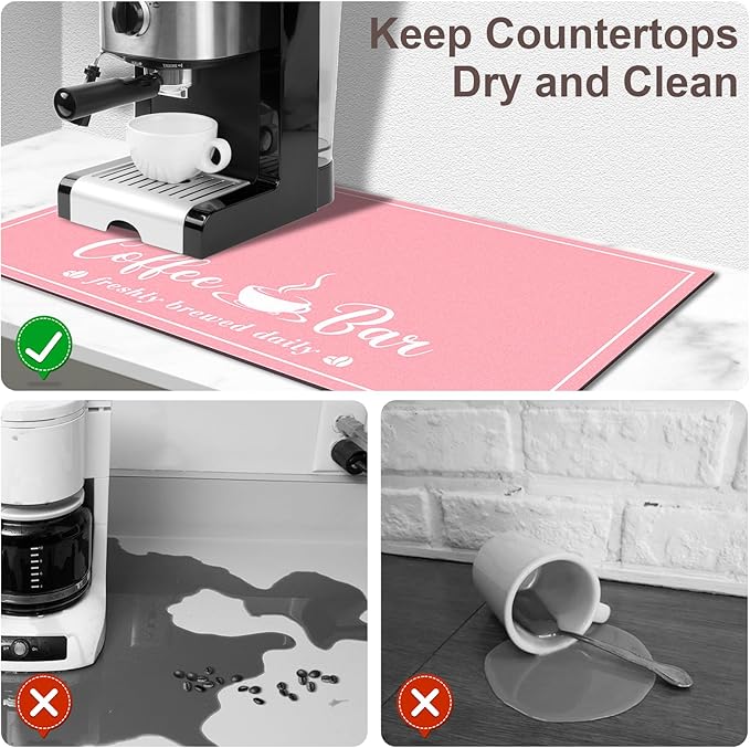 Absorbent Coffee Mat, Fashion Dish Drying Mat for Kitchen Counter Coffee Bar Accessories Espresso Machine Dish Rack 16" x 24" Pink