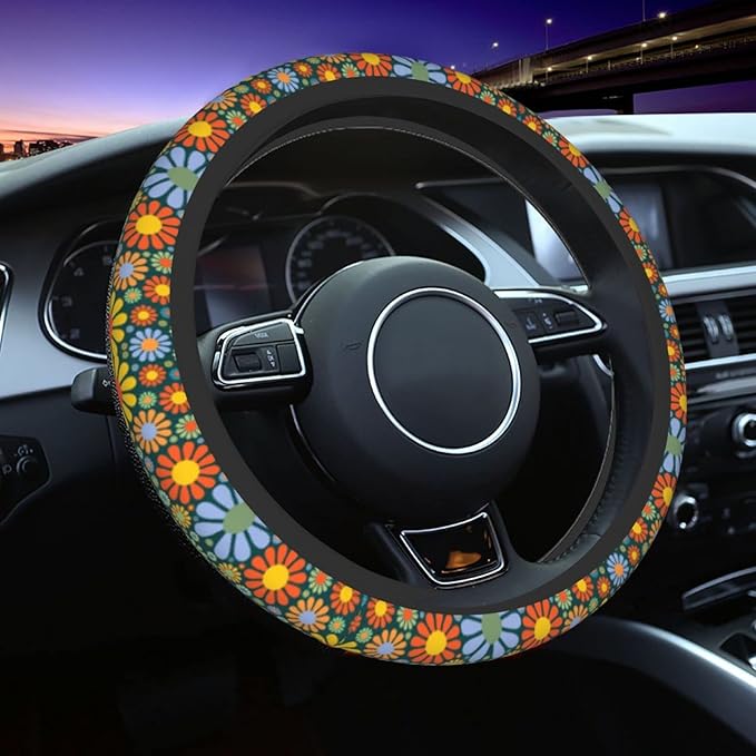 Hippie Daisy Flower Steering Wheel Cover for Women Men with 2 Pcs Car Coasters, Universal 14.5-15 Inch Rainbow Steering Wheel Covers Non-Slip Car Accessories for Girls
