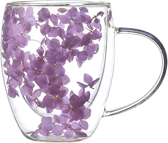 Double Wall Glass Coffee Mugs, 12 oz Clear Floral Insulated Glass Cups with Handle, Hand Blown Borosilicate Coffee Mug for Espresso, Cappuccino, Latte, Tea & Hot Beverages (Purple)
