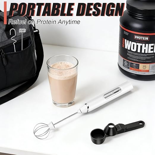 Mity Rain 4-in-1 Frother for Protein Powder, Adjustable-Waterproof, Protein Powder Scoop Funnel Set, Detachable Rechargeable Protein Mixer Wand for Coffee, Matcha, Milk, and Drinks (New White)