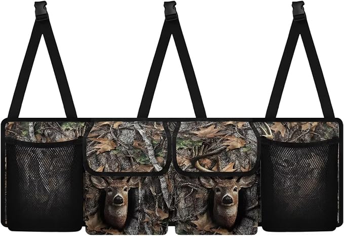 Camo Hunting Deer Car Trunk Organizer, Backseat Hanging Large Storage with Adjustable Straps & 4 Pockets, Waterproof Collapsible Cargo Bag, Car Interior Accessories for SUV, Truck, Van