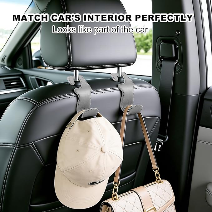 Car Seat Hooks for Purses and Bags, 4 Pack Car Purse Holder for Grocery Bag Handbag Clothes, Metal Headrest Hooks Covered by Leather, Gray