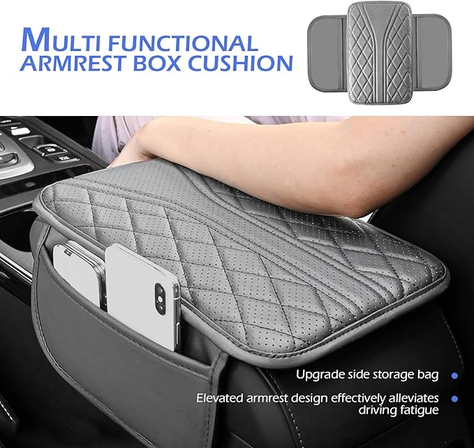 Car Center Console Cover, Strong Support Waterproof Armrest Box Booster Cushion, Leather Slow Rebound Armrest Box Cover with Side Storage Pocket, Universal Elbow Protection Pad (Gray)