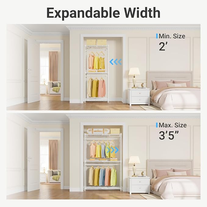 VIPEK X1 Expandable Clothing Rack Heavy Duty Adjustable from 2' to 3'5" with Flexible Shelves and Hanger Rods Metal Garment Portable Closet Rack for Hanging Clothes, White