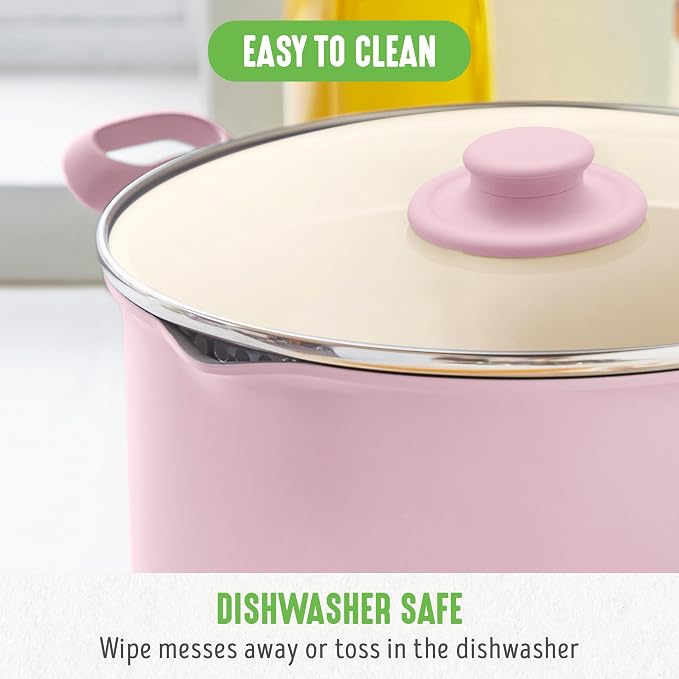 GreenLife 6QT Ceramic Nonstick Stockpot with Glass Straining Lid, PFAS-Free, Dishwasher Safe, Stay-Cool Handles, Oven Safe to 350°F, Wobble-Free Base, Even Heating, Pink