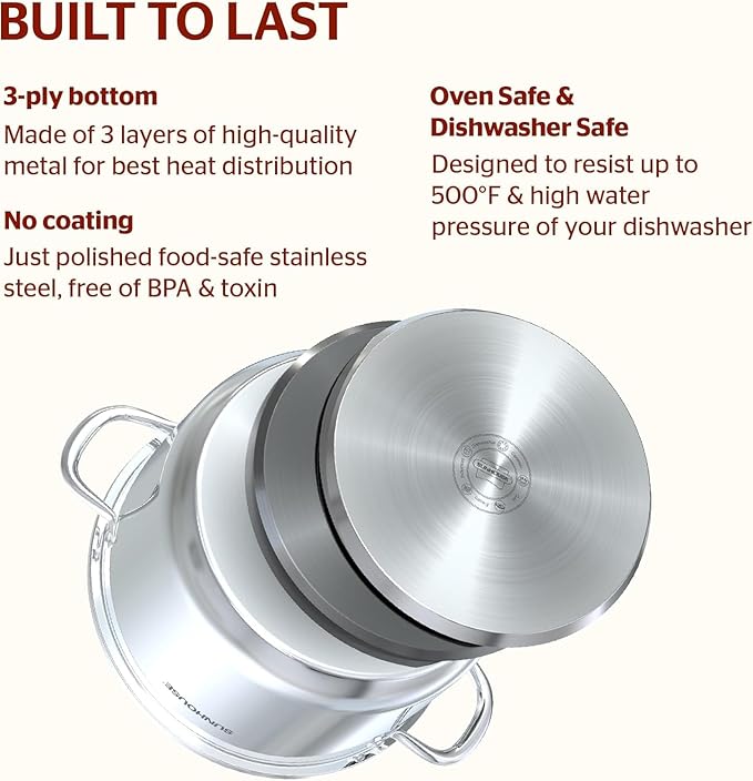 Sunhouse Stock Pot with Lid - 7 QT Large Pot for Cooking Pasta, Soup, Spaghetti - Impact Bonding Base Big Stainless Steel Pots for Canning, Boiling - Oven Safe & Induction Compatible Cookware