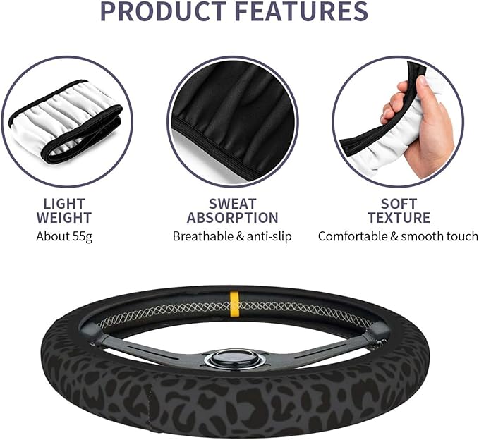 Black Leopard Print Steering Wheel Covern Cheetah Animal Print Steering Wheel Cover Anti-Slip Breathable Universal for 15 Inch Car Steering Suitable for Men Women,with 2 Pieces Car Coasters