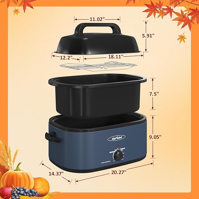 Sunvivi Roaster Oven, 24 Quart Electric Roaster Oven with Glass Lid, Turkey Roaster Buffet with Self-Basting Lid, Removable Pan, Cool-Touch Handles, Dark Blue