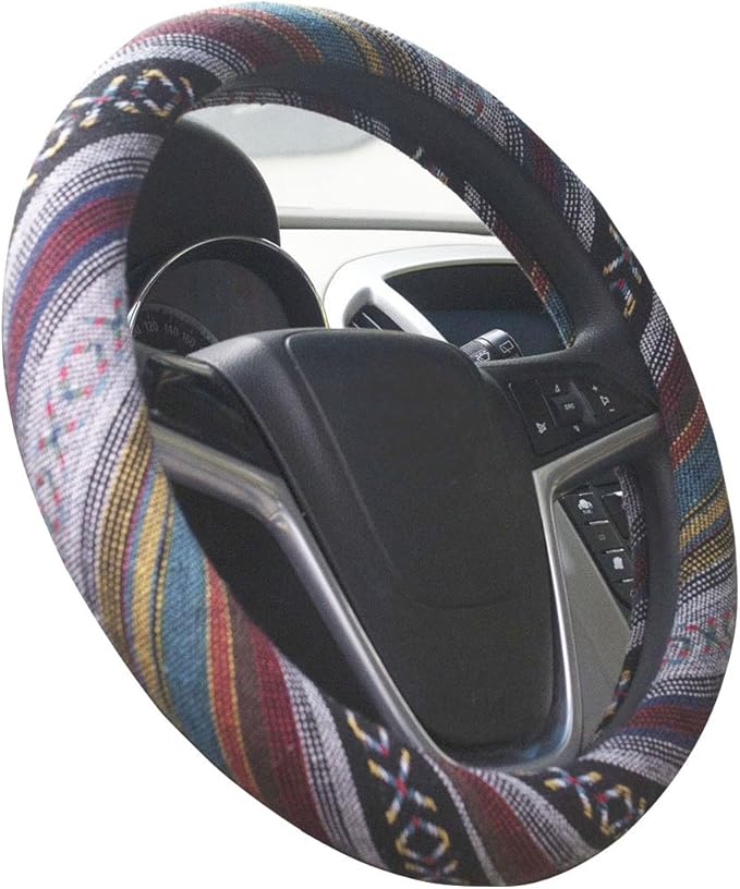 Medium Ethnic Style Coarse Flax Cloth Automotive Steering Wheel Cover Anti Slip and Sweat Absorption Auto Car Wrap Cover (14.5''-15'',E)