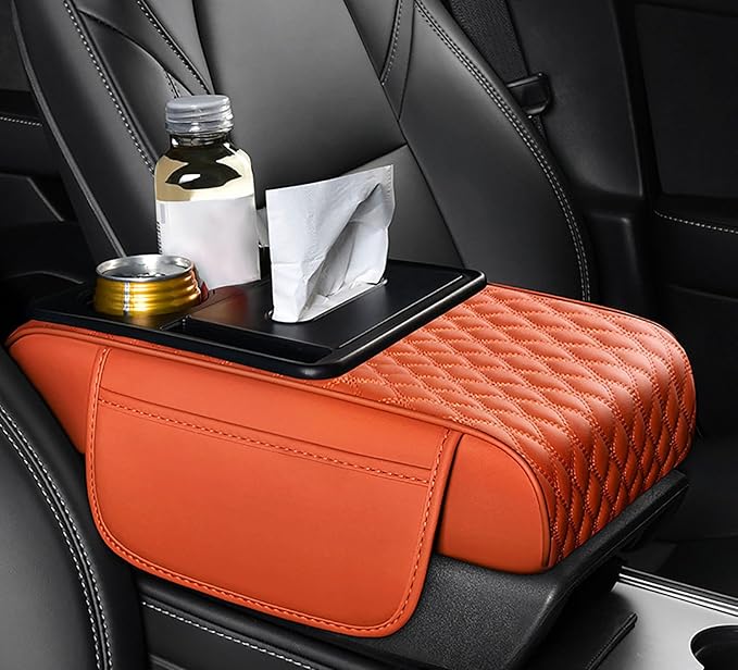 Car Armrest Center Console Cover for BMW X3 F25 2011 2012 2013 2014 2015 2016 2017, Center Console Pad with Cup Holder, Multifunctional Armrest Cushion,F Orange