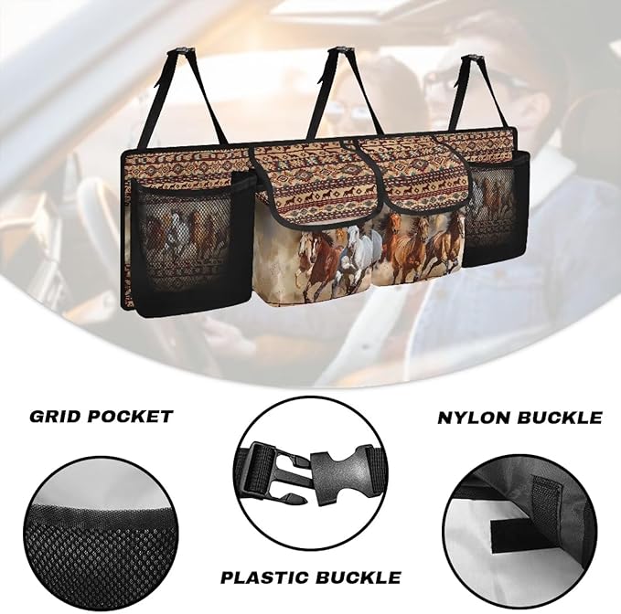Back Seat Trunk Organizer Running Horses Tribal Hanging Car Organizer Trunk Foldable Cargo Storage with Pockets& 3 Adjustable Straps 37.01x11.81 inch