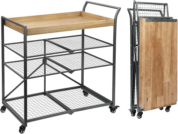 Vipush Kitchen Serving Cart, 4-Tier Kitchen Utility Cart on Wheels with Storage for Living Room, Wood Look Accent Furniture with Metal