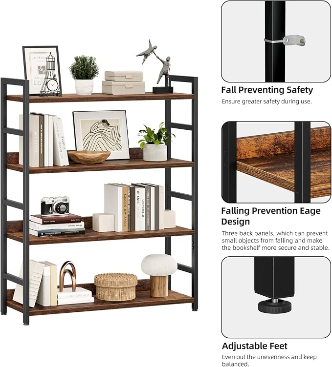 NUMENN 4 Tier Wide Bookshelf for Living Room and Home Office, Vintage | Bookshelves, Home Office Bookcase Shelf Storage Organizer, Free Standing Storage Shelving Unit for Bedroom