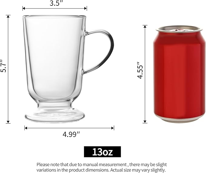 NIRA.Z 12.5 OZ Double Walled Glass Coffee Mugs with Handle Set of 2 Clear Insulated Irish Coffee Cups Hand Blown Glass Cups for Hot Cold Beverages, Cappuccino, Latte, Tea, Espresso, Juice, Americano