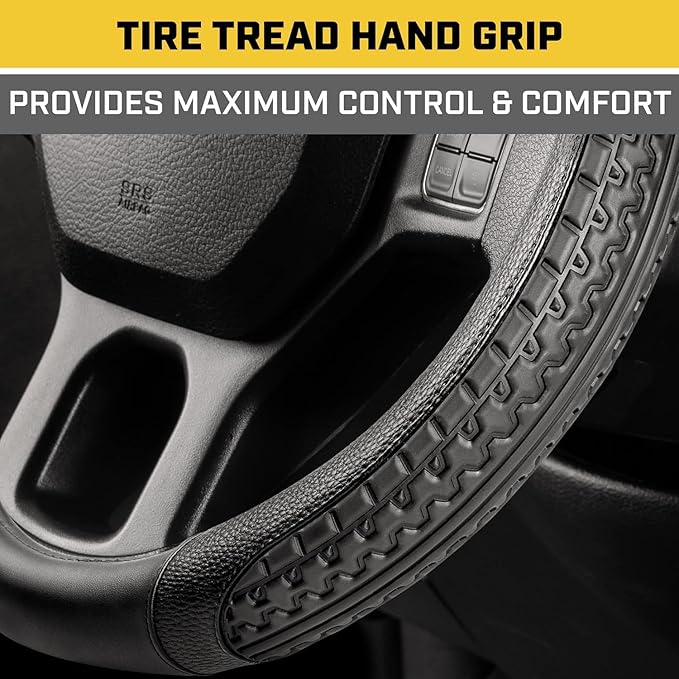 Caterpillar Car Steering Wheel Cover, Large 16 inch Size, Tire Tread Inspired Traction Grip Design, Black Steering Wheel Cover for Car Auto Truck Van SUV Bundle