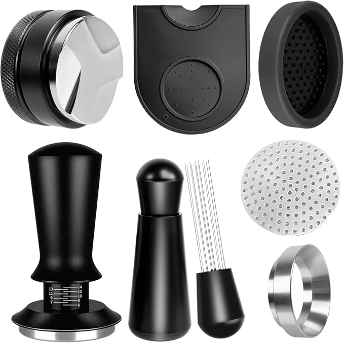 7pcs Espresso Accessories:51mm Espresso Tamper,Coffee Distributor,Puck Screen,Tamper Mat,Dosing Funnel, WDT Tool Espresso Machine Accessories for Home Coffee Shop As Father's Day Valentine's Day Gift