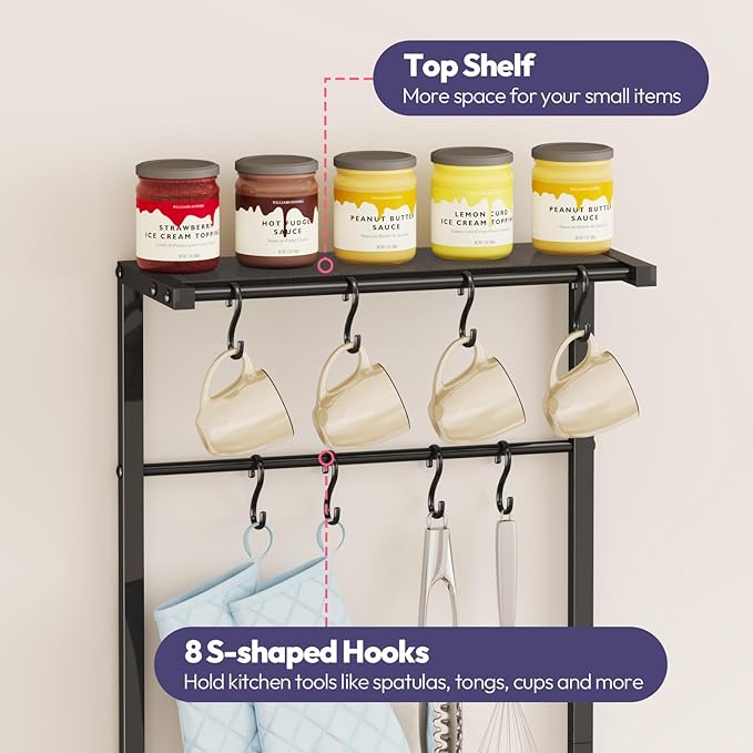 SWTYMIKI Bakers Rack with Storage - Coffee Bar Cabinet with Shelves, Coffee Station Organizer and Kitchen Stand with 8 Hooks, Baskets, Adjustable Feet for Kitchen Dining Room Pantry, Black
