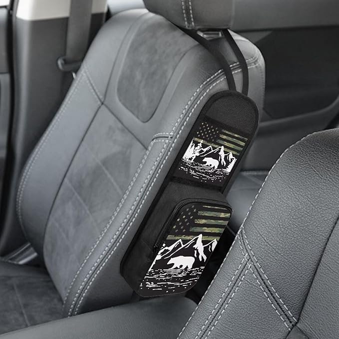 Car Seat Side Organizer for American Flag Mountain Print Auto Seat Storage Hanging Bag,2 Stuff Holder with Mesh Net Pocket,Hold Phones Wallet Glasses Drink