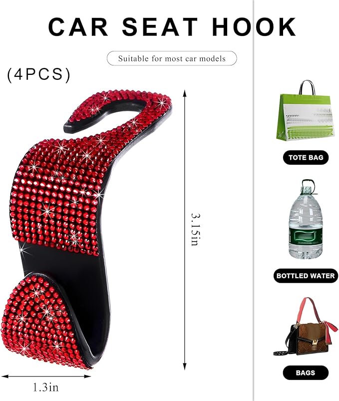 4 PCS Car Seat Headrest Hooks, Bling Crystal Rhinestone Back Seat Hanger Storage Organizer, Sparkly Seatback Holder Hooks for Purse and Bags Universal For Most Vehicles (Red)