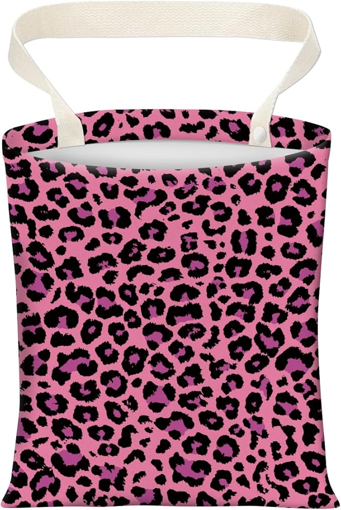 Cute Car Trash Can, Hanging Canvas Car Back Seat Organizer and Storage Bag, Funny Car Trash Bag for Travelling, Outdoor Cute Pink Leopard