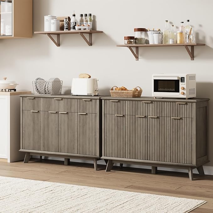 QUW Fluted Sideboard Buffet Cabinet with Charging Station, 47.2" Kitchen Storage Cabinet with Drawers and Adjustable Shelves, Modern Coffee Bar Kitchen Table for Dining Room, Living Room, Grey