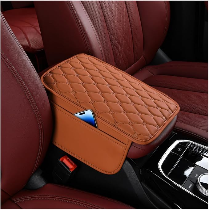 Car Center Console Cover, Leather Vehicle Armrest Cover Cushion with 2 Storage Bags, Automotive Interior Arm Rest Seat Box Pad Accessories, Universal for SUV Sedan Truck (Brown)