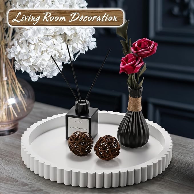 Handmade 12in Decorative Tray for Coffee Table Tray Decor, White Wooden Decorative Round Tray for for Coffee Table, Dining Room Table Entryway and Living Room Table